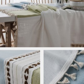 Stitching Tassel Tablecloth Cotton Linen Fabric Dust-Proof Table Cover for Kitchen Dinning Tabletop Decoration