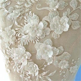 Wedding Dress Lace Fabric 3D Flowers Pearl Beaded Lace Applique DIY Craft