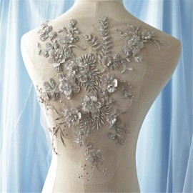 Wedding Dress Lace Fabric 3D Flowers Pearl Beaded Lace Applique DIY Craft