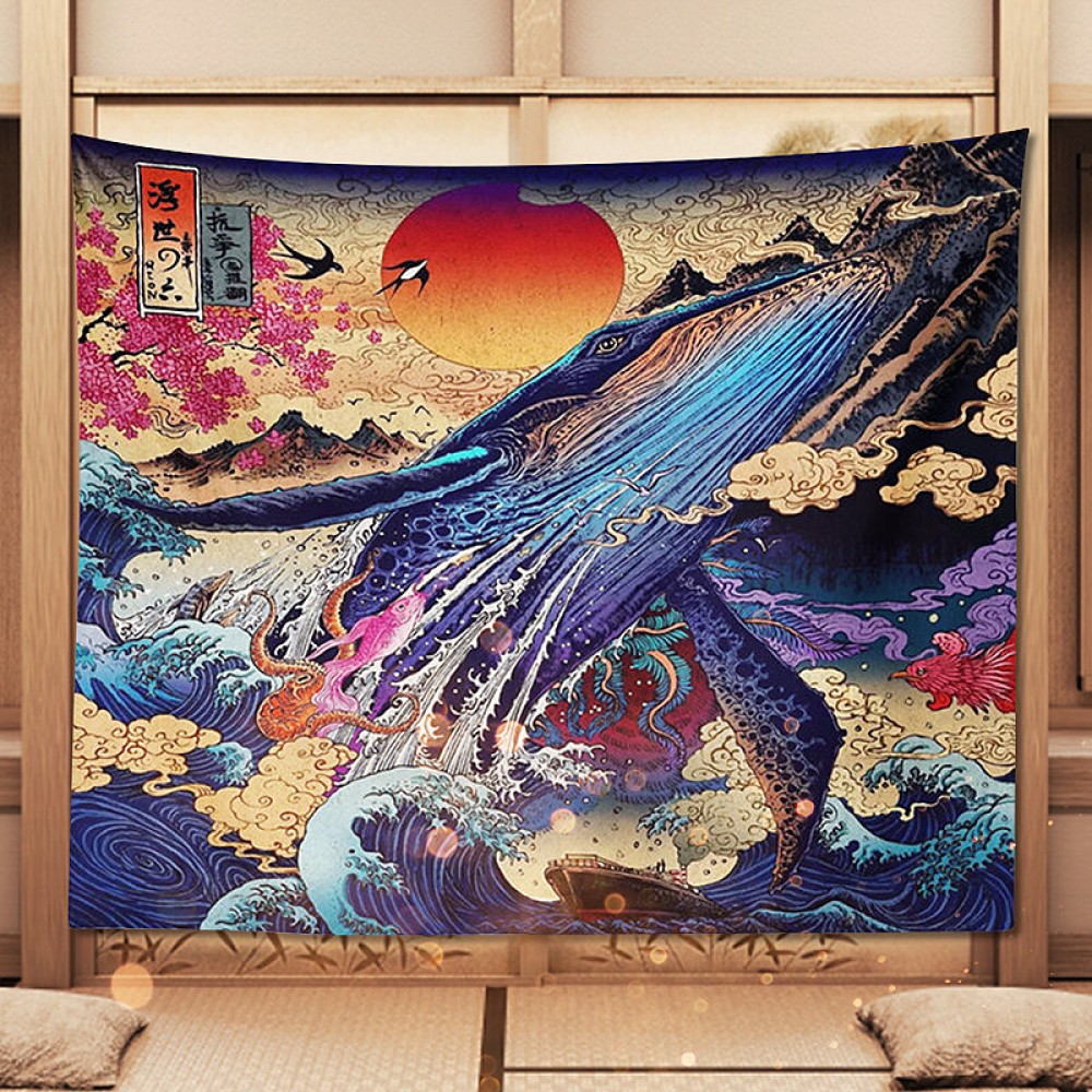 3D Great Japanese Sea Ocean Wave Whale Sunset Home Store Tapestry Home Decor